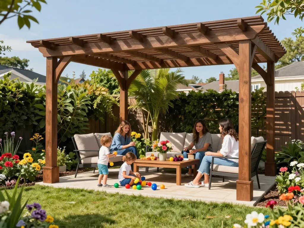 Family enjoying time under a 3D pergola in a vibrant garden setting, showcasing outdoor joy and craftsmanship.