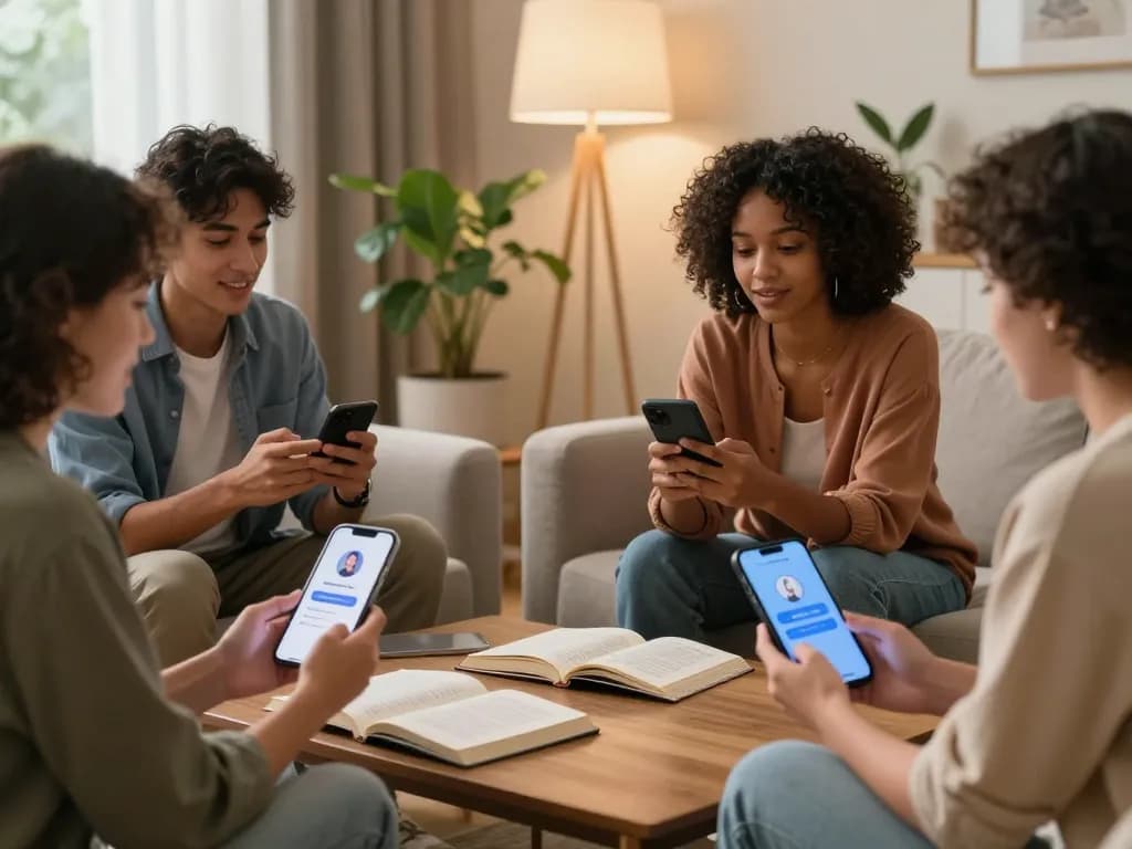 Engaging individuals exploring sex AI chat options in a cozy living room setting