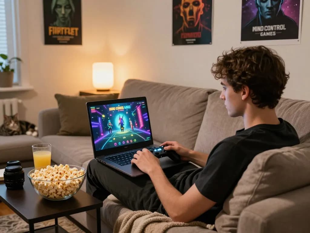 Engaged player enjoying hypno porn-themed mind control games on laptop