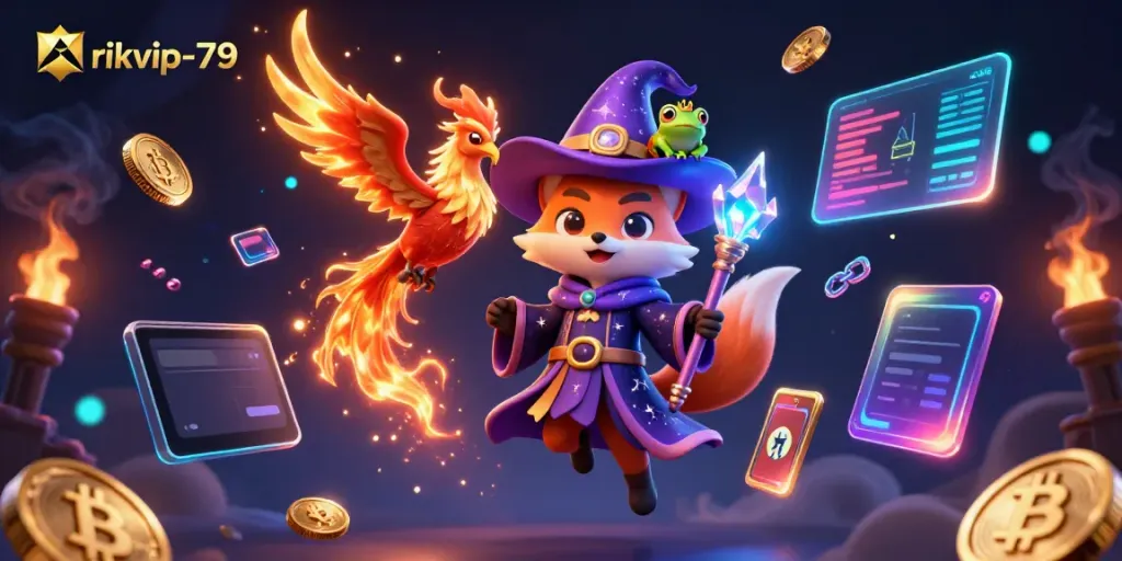 Engage in thrilling gameplay at rikvip-79, illustrated with colorful characters and dynamic casino elements.