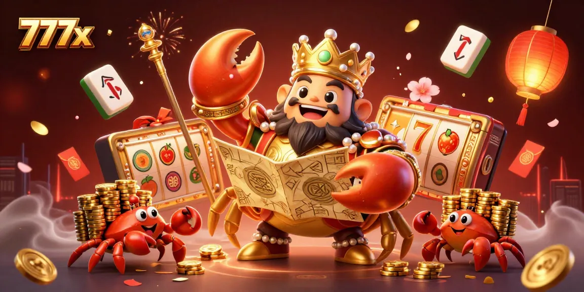 Celebrate big wins with the vibrant 777x casino scene, featuring a golden crab emperor and slot elements.