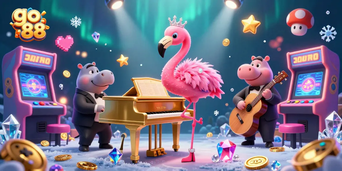 Engage with go 88’s vibrant casino scene featuring a flamingo and hippo musicians.