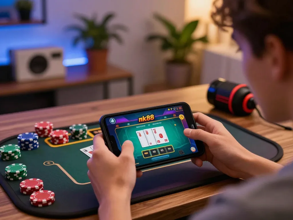 Player engaging with nk88 mobile platform, experiencing live dealer game in a cozy home setup
