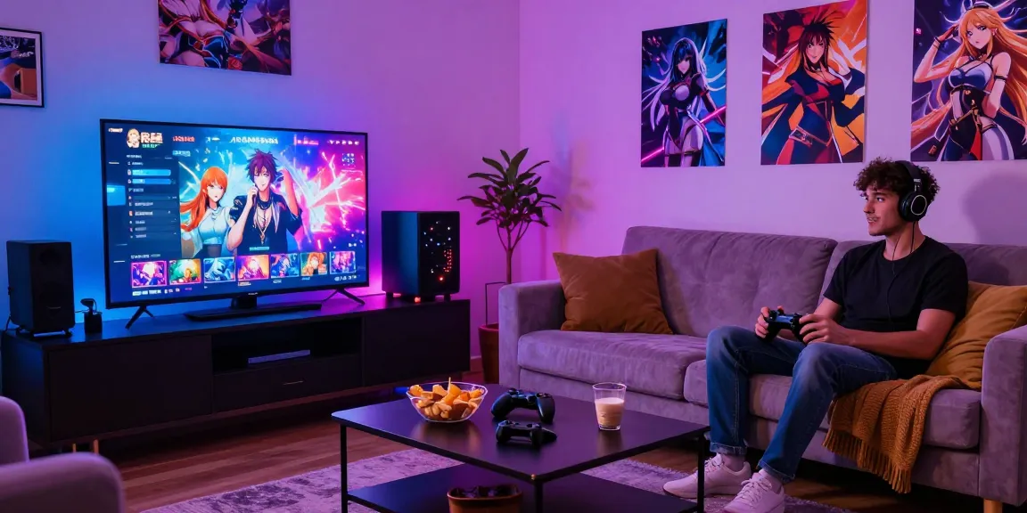 Engaging scene of a gamer immersed in free hentai games in a vibrant living room.