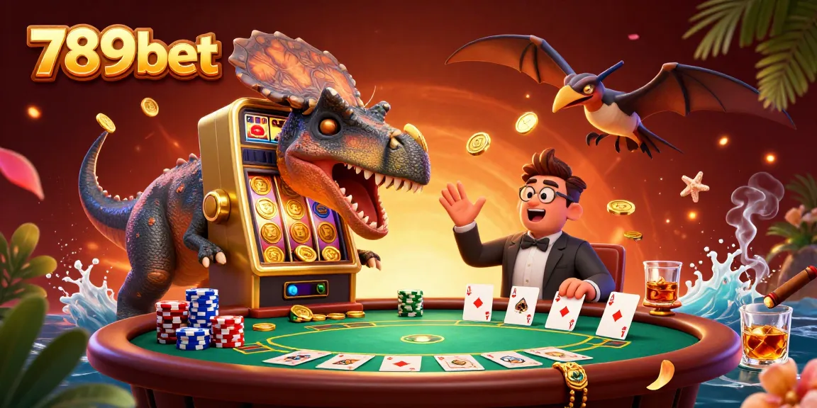 Experience excitement with 789bet's jackpot coins falling as a pachycephalosaurus hits a slot machine.