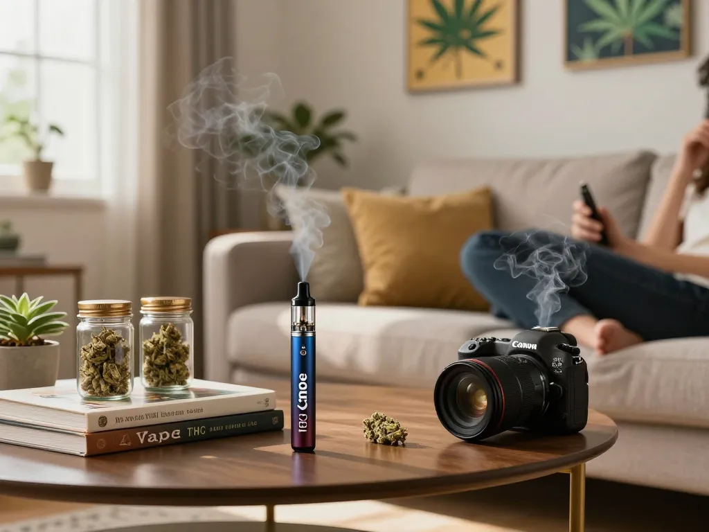Scena coinvolgente in soggiorno con una persona che si gode una penna Vape THC tra articoli decorativi a tema cannabis.