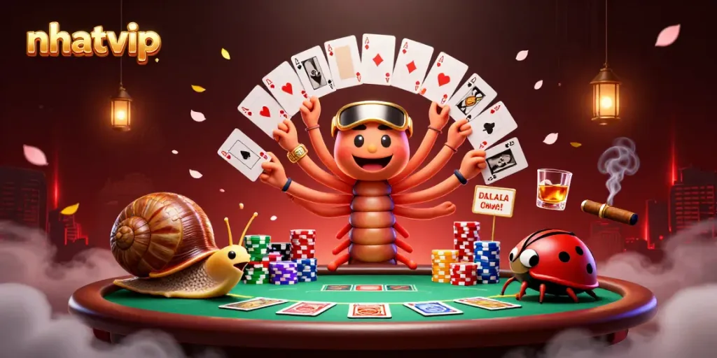 Join the thrilling action at nhatvip with a 3D cartoon millipede dealer showcasing cards and chips.
