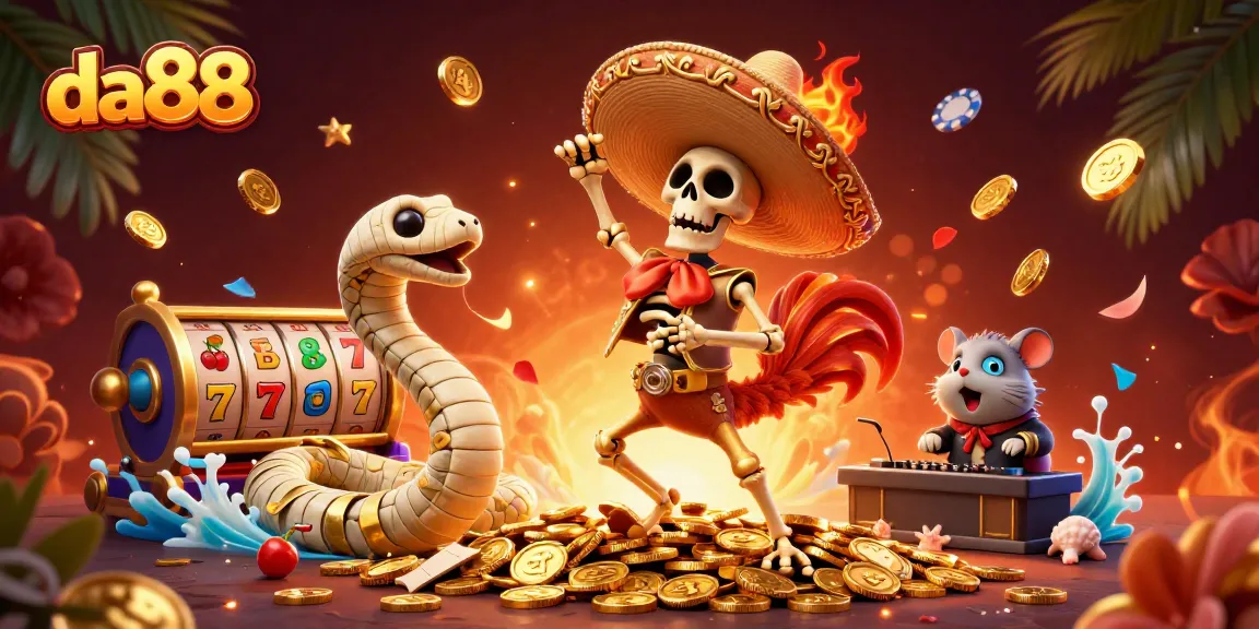 Celebrate winning moments at da88 with vibrant casino characters amidst gold-rich visuals.