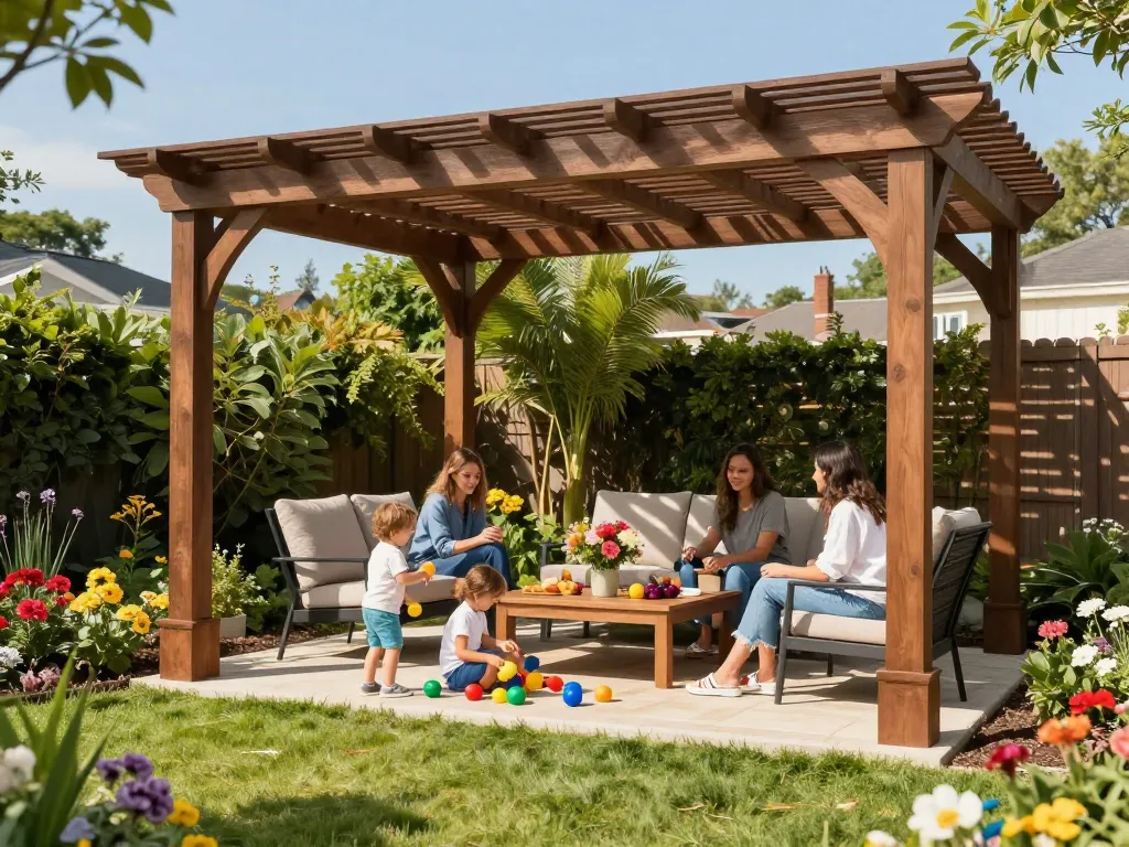 Family enjoying time under a 3D pergola in a vibrant garden setting, showcasing outdoor joy and craftsmanship.