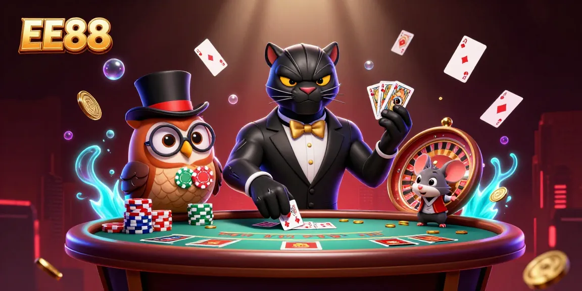 Engage in strategic gameplay at EE88 with a stylish black panther, owl, and lucky mouse amid casino excitement.