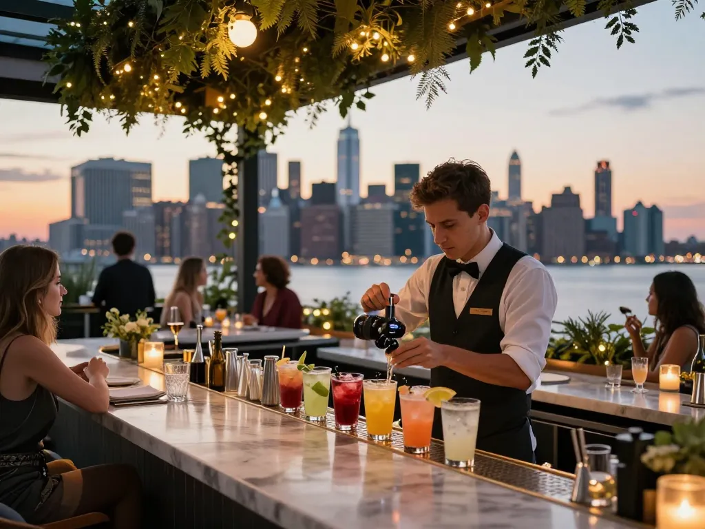 Cocktail preparation at NoHu rooftop bar with stunning Manhattan skyline views.