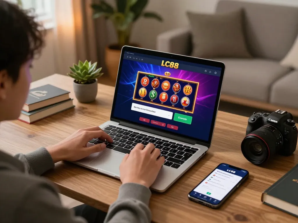Engaging in LC88 Đăng nhập on a laptop at home, showcasing vibrant online casino games and responsible gaming.