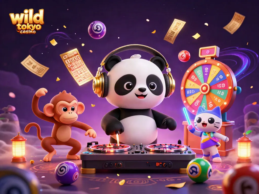Experience the thrill of wild tokyo casino in this vibrant 3D illustration of a DJ panda, a dancing monkey, and a rave kitten surrounded by colorful gaming elements.