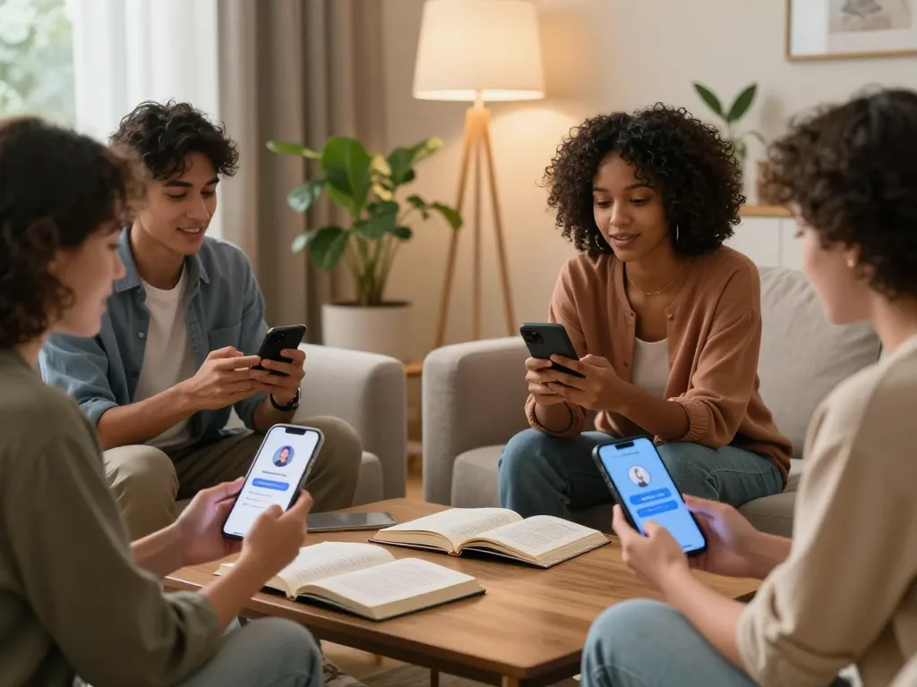 Engaging individuals exploring sex AI chat options in a cozy living room setting
