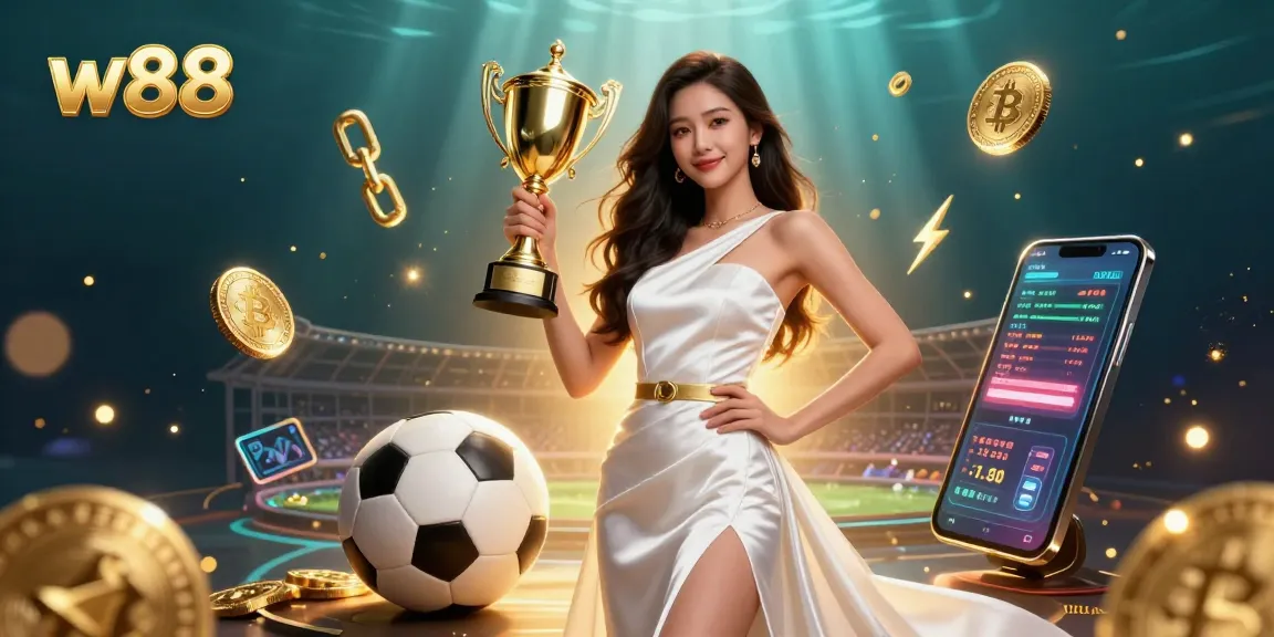 Experience w88's vibrant sports betting scene with a confident trophy-winning woman amidst dynamic casino elements.