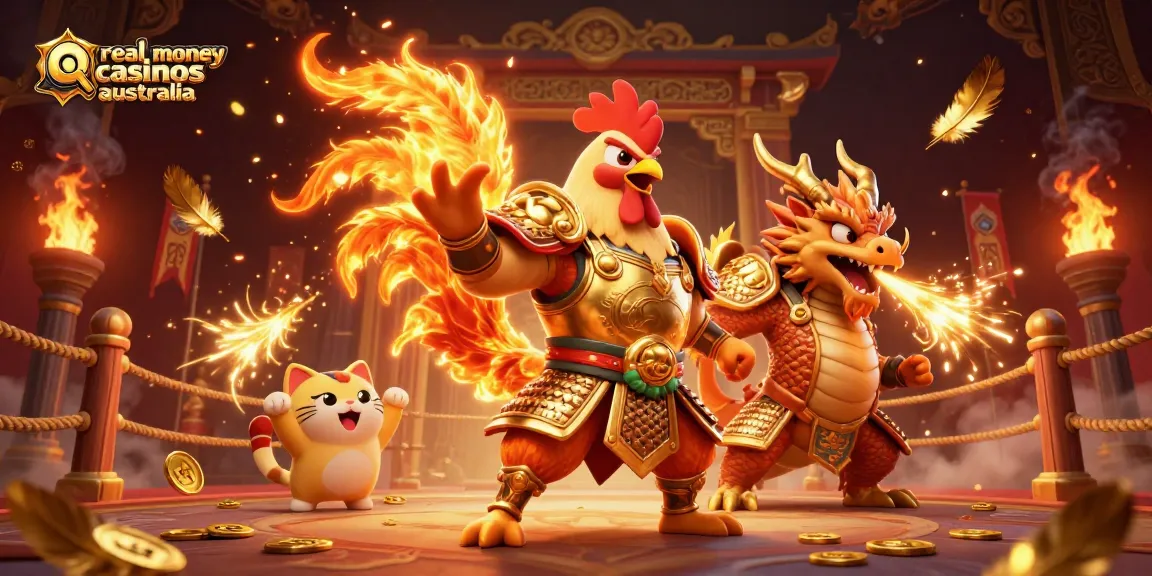 Experience real money casinos Australia with a dynamic scene of a samurai rooster warrior, dragon hatchling, and fortune cat.