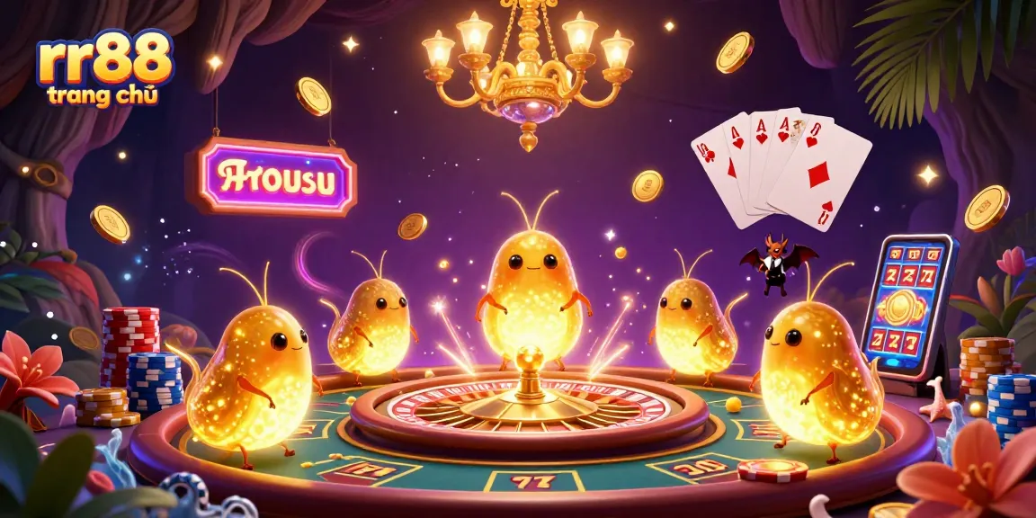 Experience thrilling gameplay at rr88 trang chủ with a vibrant 3D casino illuminated by glowing elements and exciting game symbols.