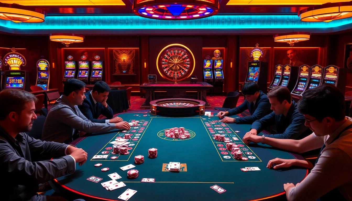 Players enjoying a thrilling casino game experience at MMOO, surrounded by vibrant chips and cards.