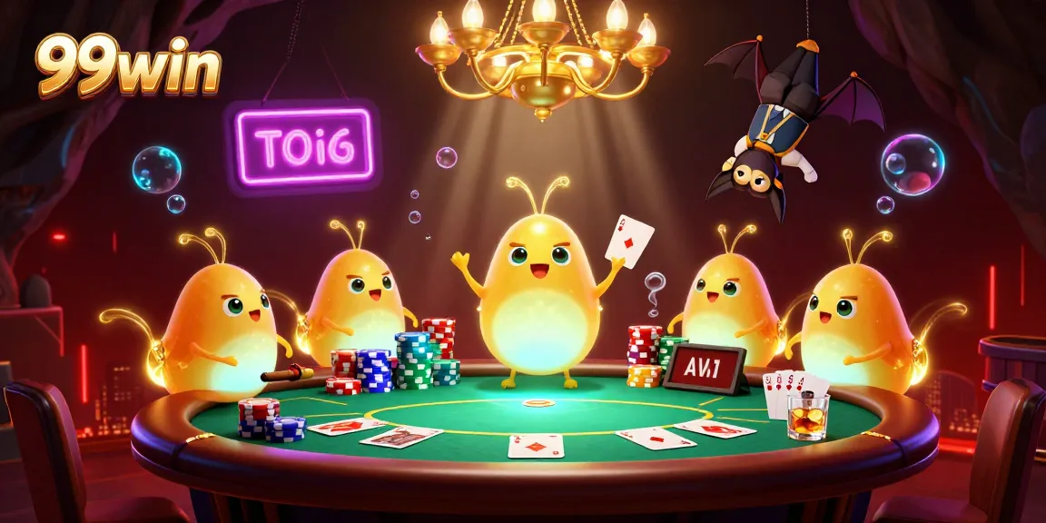 Engage with the 99win casino experience featuring glowworms lighting up a vibrant poker scene.