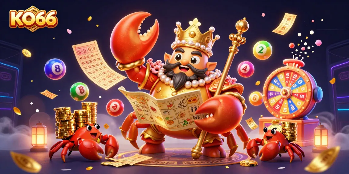 Engage with KO66's lively casino scene featuring a golden crab emperor among vibrant lottery elements.