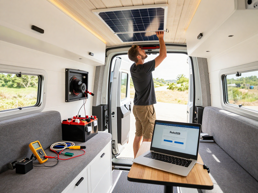 Rokok88 login showcased in a stylish van conversion scene featuring solar panel installation and modern electrical systems.