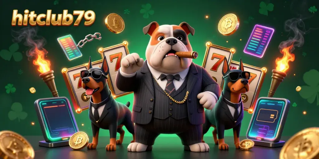 Experience the vibrant world of hitclub79 with animated characters and casino elements amid dynamic graphics.