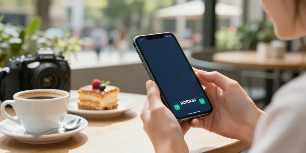 Engaging with the ROKOK88 app using Gopay in a lively café setting.
