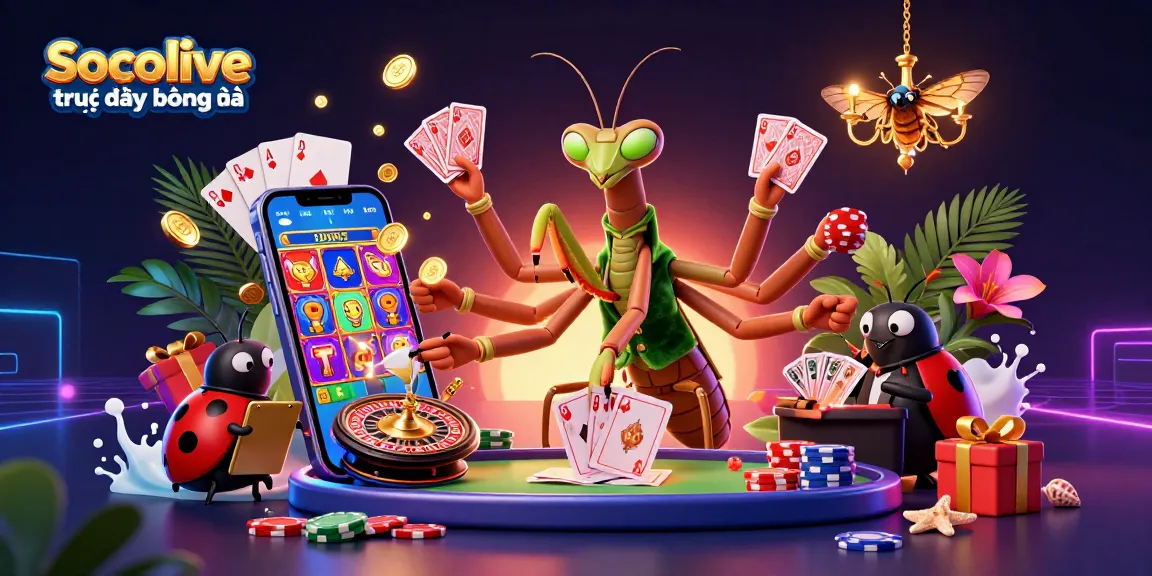Socolive trực tiếp bóng đá illustrated with vibrant gambling action involving unique characters and engaging game elements.