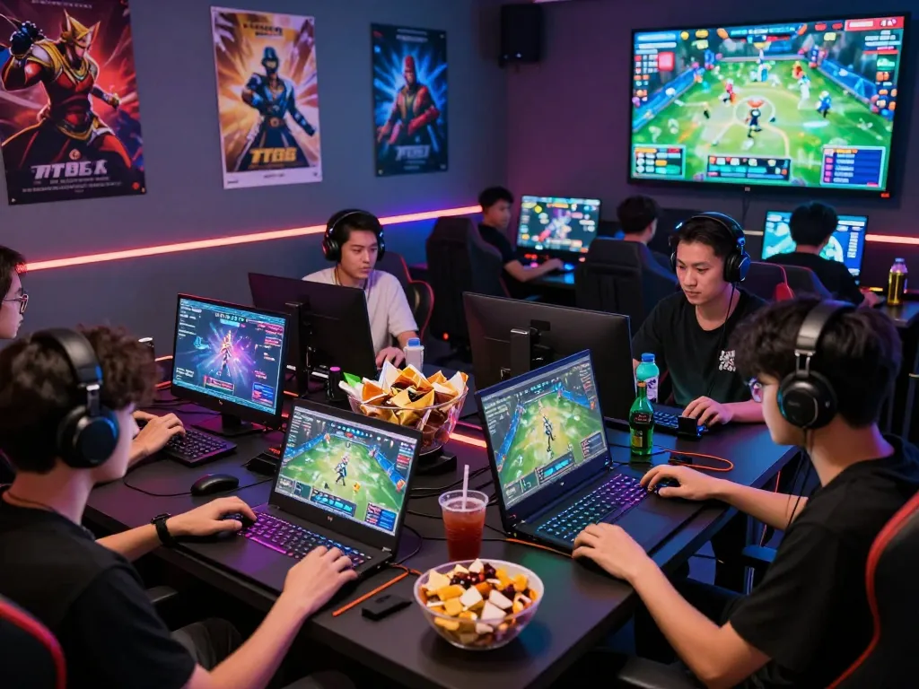 Gamers enjoying TT88 in a lively digital gaming environment with colorful LED lights and multiple screens.