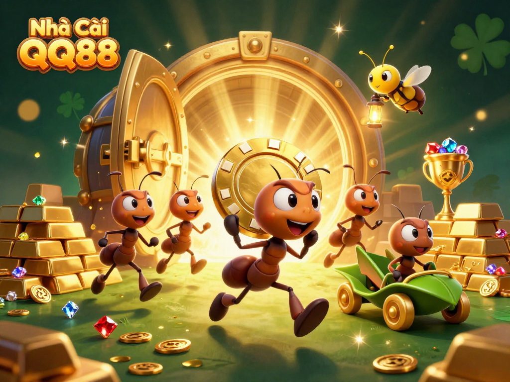 Join the heist with Nhà Cái QQ88's team of ants racing for golden poker chips in this dynamic gambling scene.
