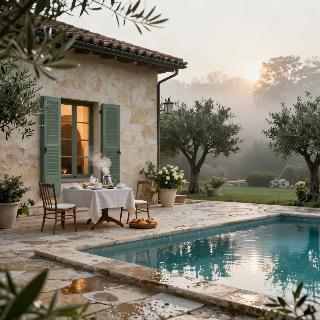 Cortile in pietra con terrazza colazione, riflessi piscina e luce dell’alba a Villa Foro.
