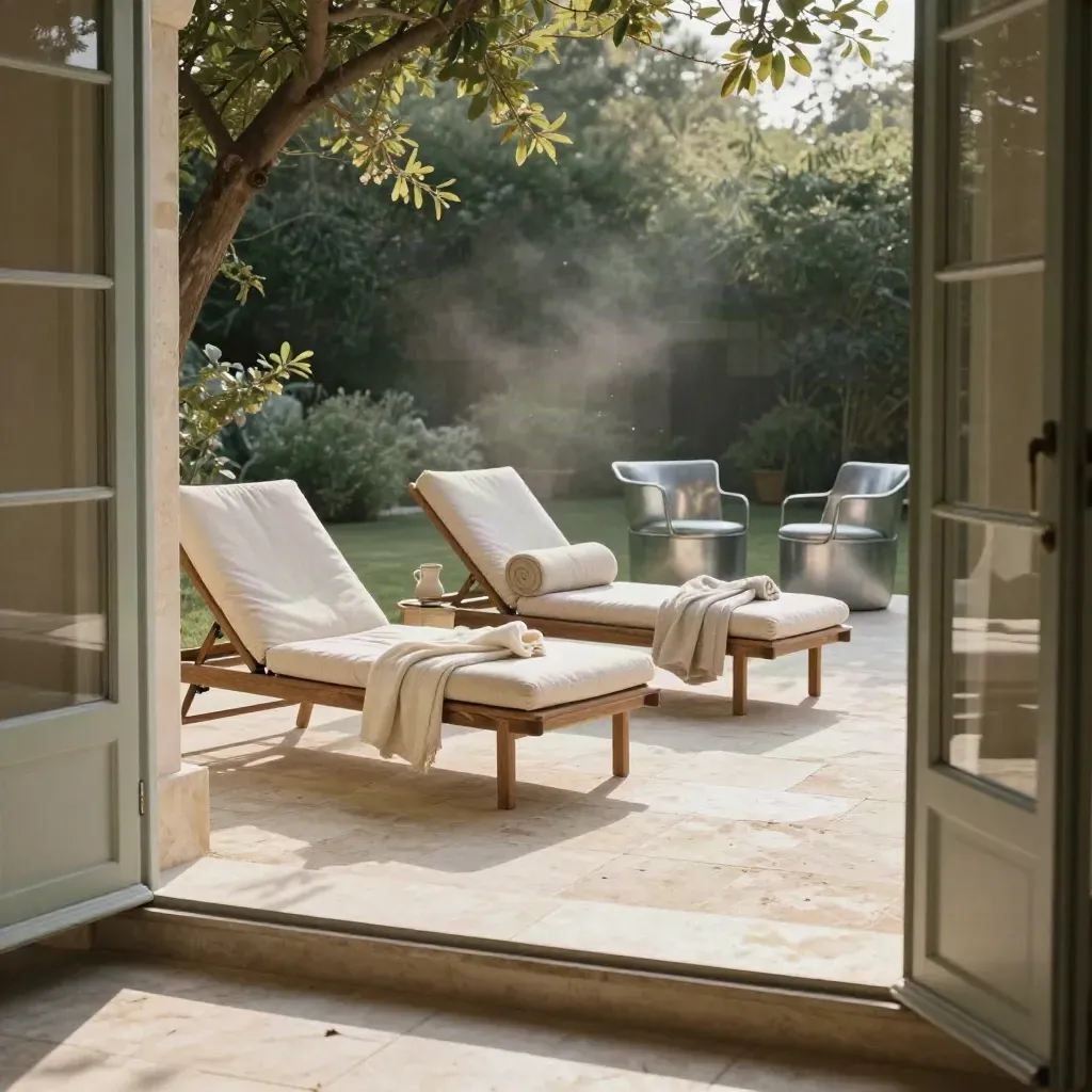 Terrazza di villa aperta con lettini arrotolati, sedie da giardino e luce del mattino.