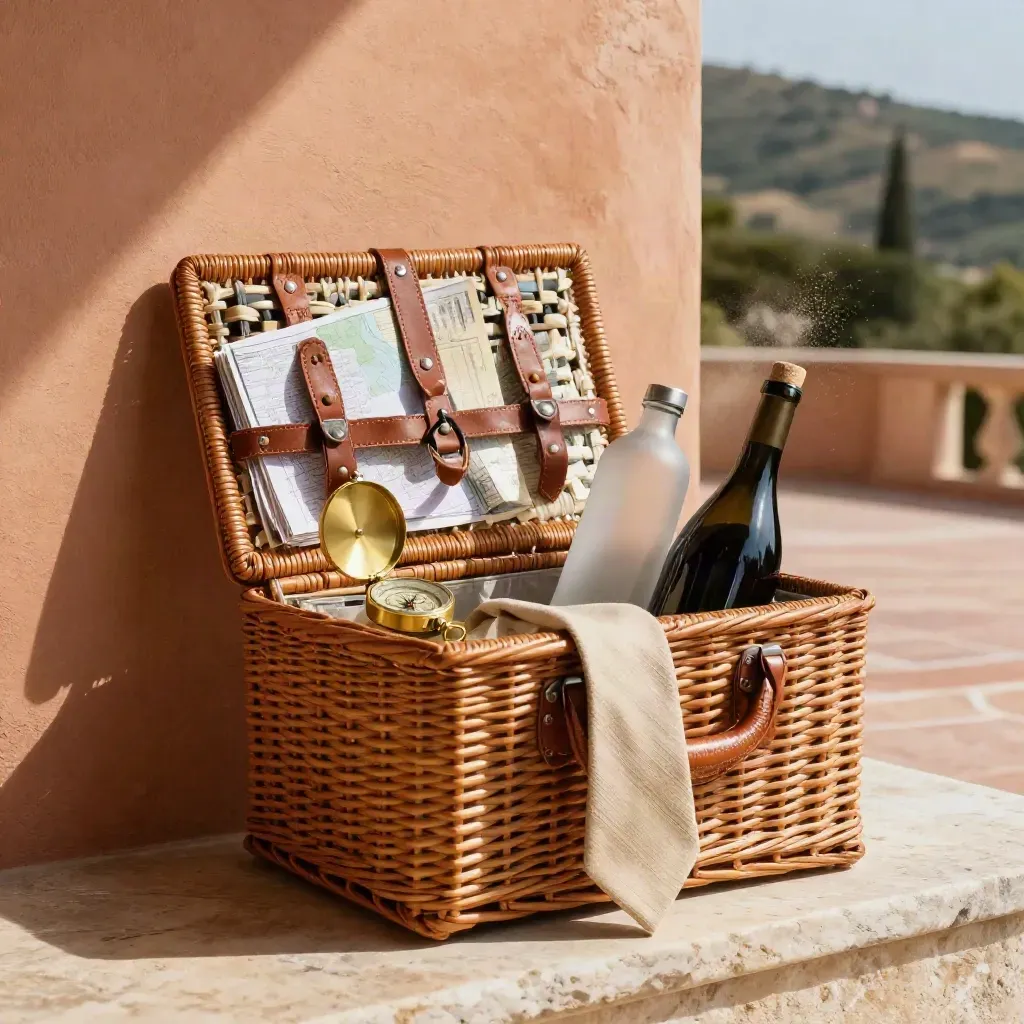 Kit per tour privati con cestino, bussola, acqua e vino davanti alla villa.