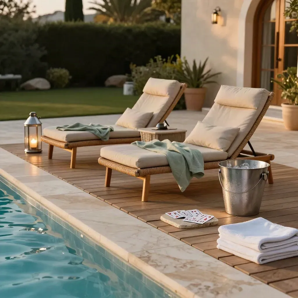 Lounge a bordo piscina con sdraio, lanterne, carte coperte e secchiello del ghiaccio al tramonto.