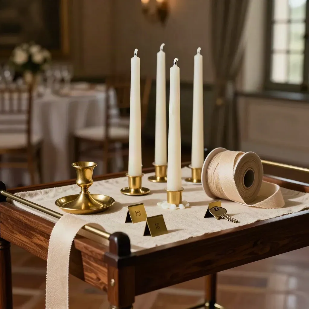 Kit eventi su carrello in legno con candele, spegnitoio, nastro e porta-cartoncini in ombra calda.