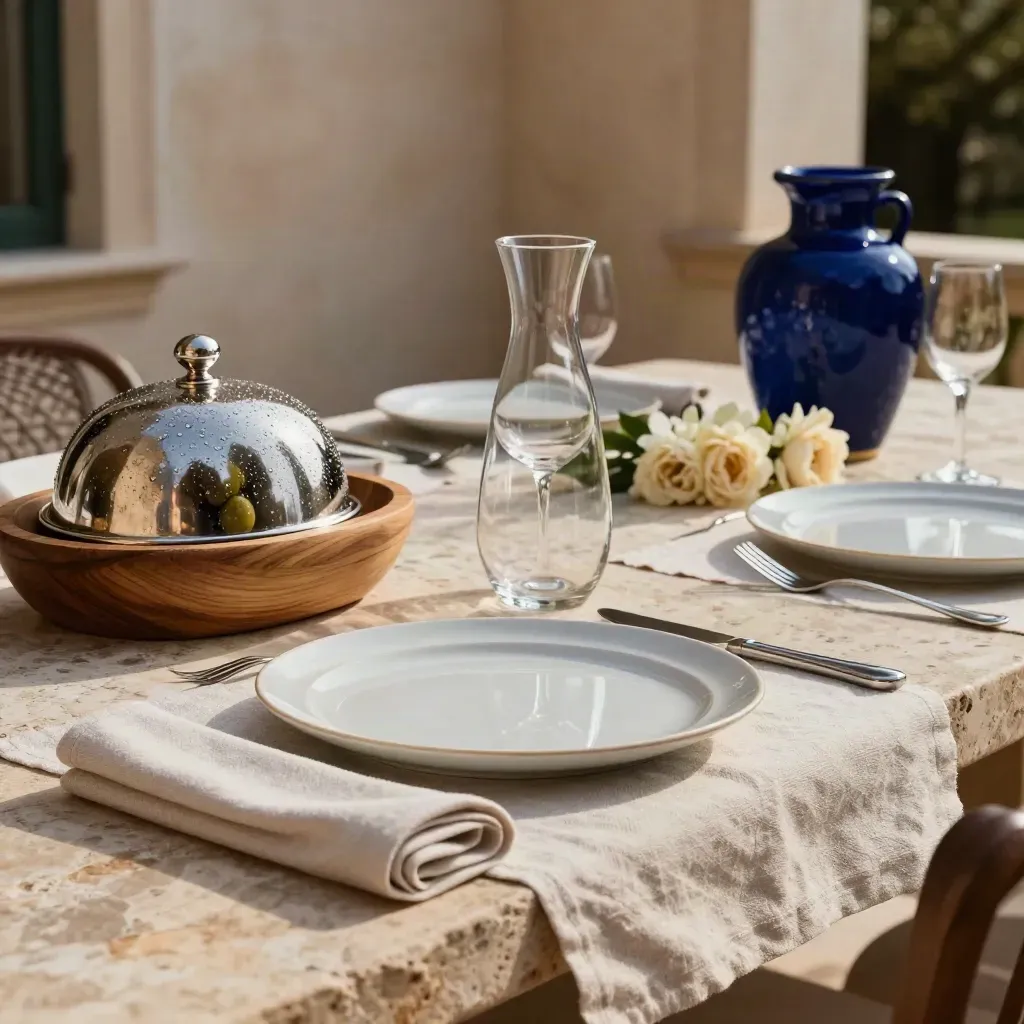 Terrazza elegante con tavola apparecchiata, cloche, pane, caraffe e fiori bassi in luce cinematografica.