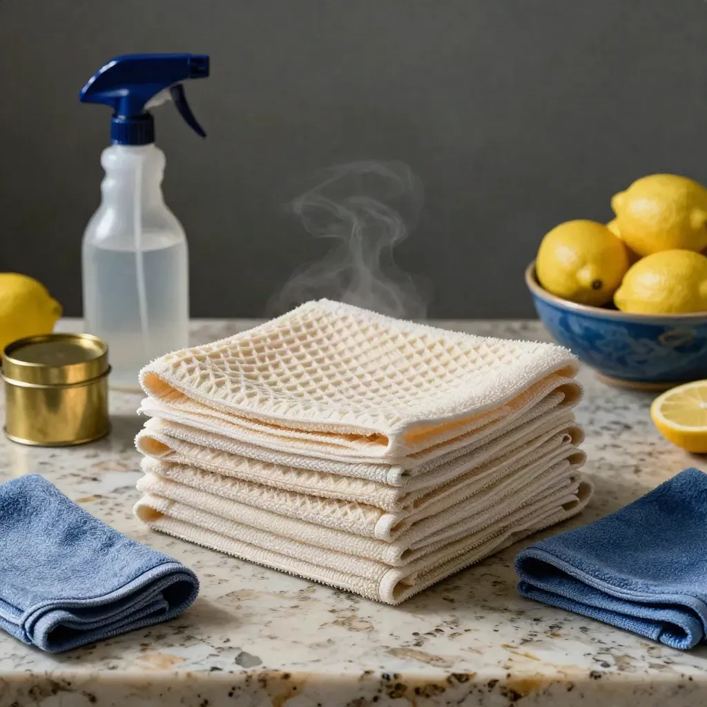 Tovaglioli piegati, spray per lino, limone e accessori di pulizia su travertino.