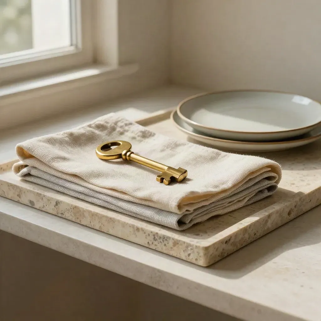 Swatch di lino, chiave in ottone, plaid piegato e piattino ceramico su vassoio in pietra.