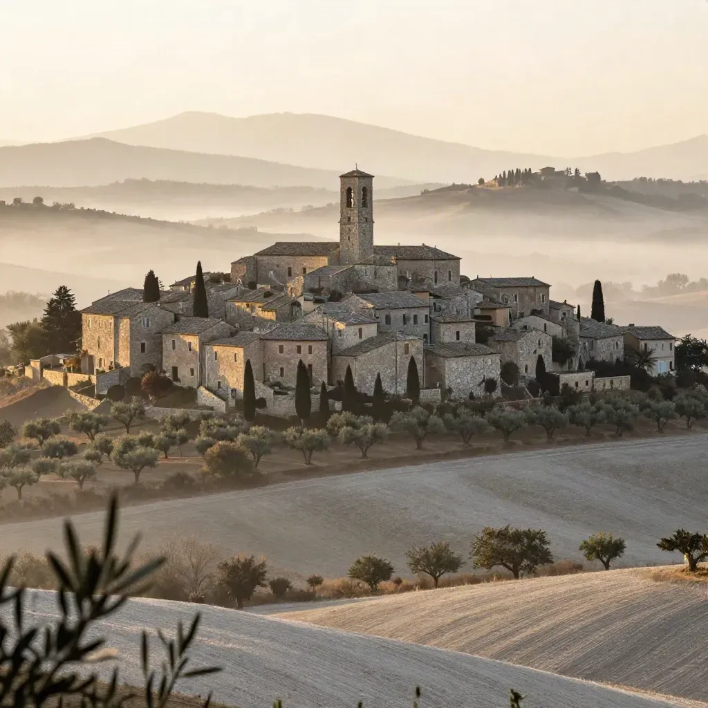 Borgo umbro tra ulivi e cipressi avvolto dalla nebbia del mattino