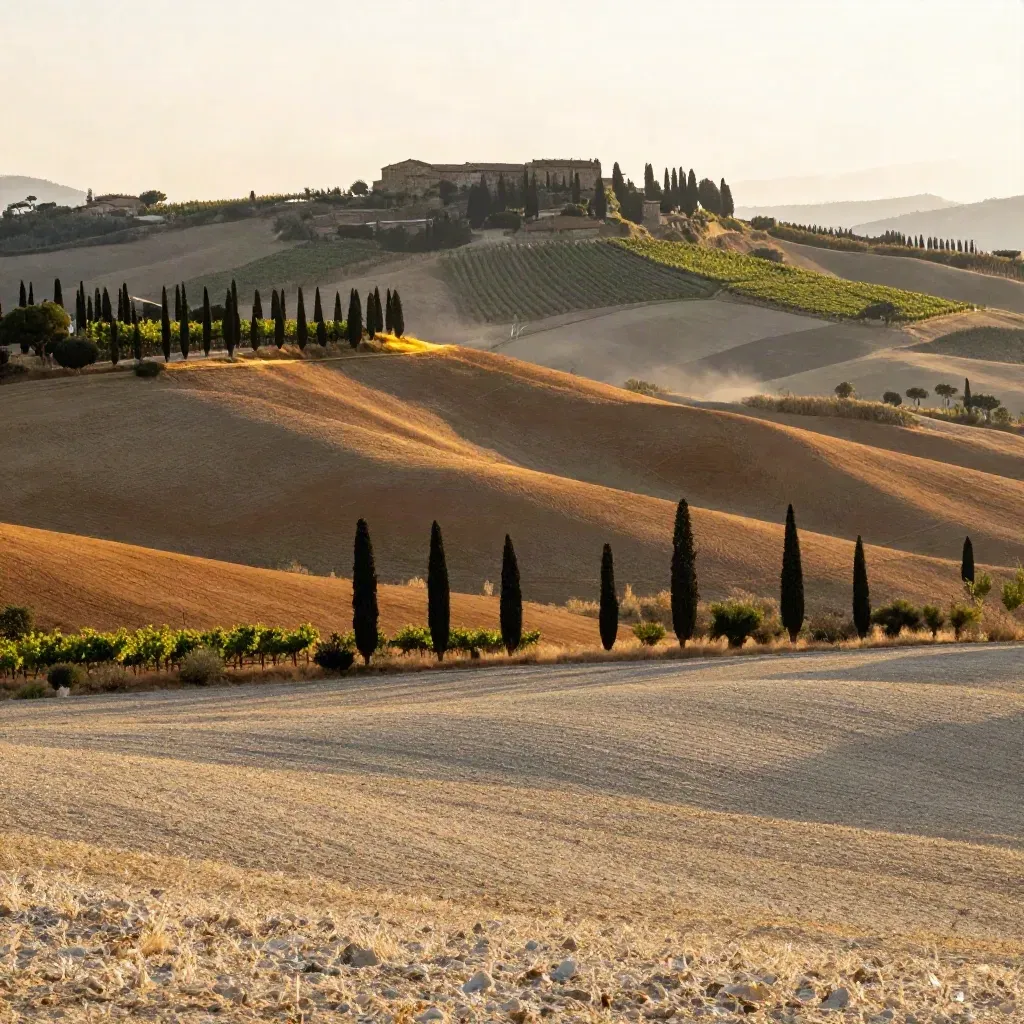 Paesaggio toscano al tramonto con cipressi, colline d’argilla e borgo lontano.