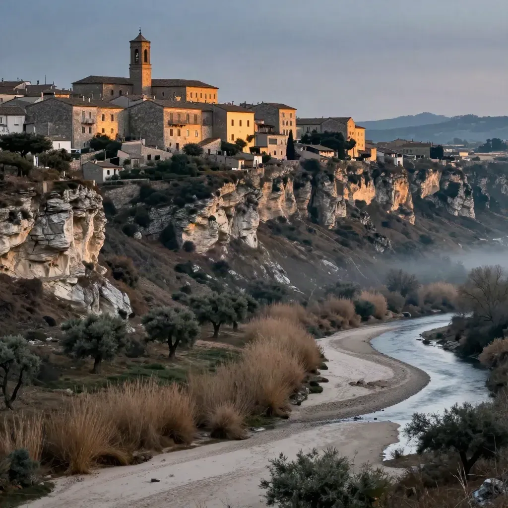Borgo laziale su rupe di tufo sopra una pianura fluviale nella luce blu.