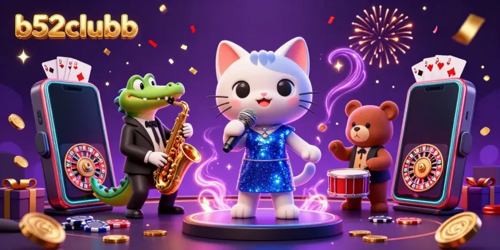 Experience the thrill of b52clubb with a dazzling scene featuring a jazz-singer cat on stage, a saxophone crocodile, and a bear cub, surrounded by casino gaming elements.
