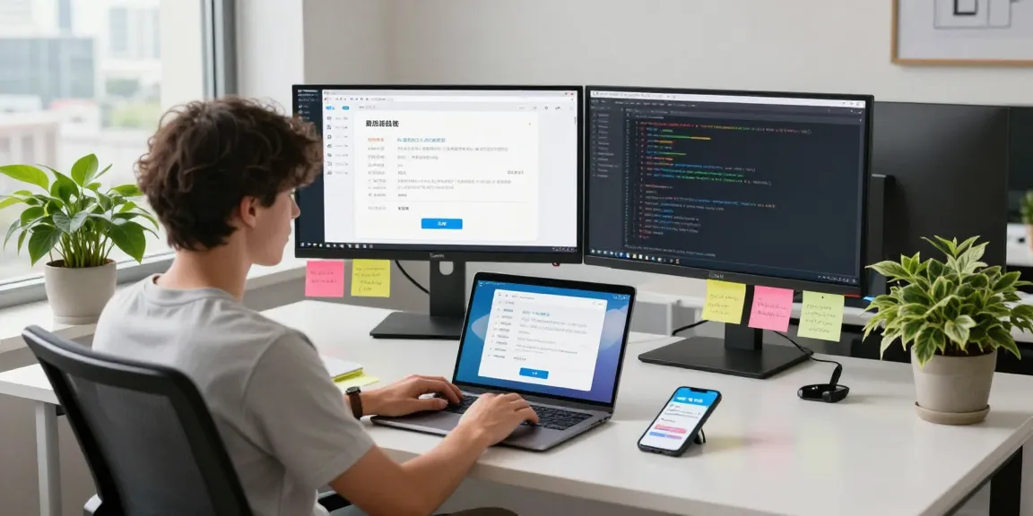 Switching to Telegram Chinese in a modern office setup with dual monitors and a laptop.