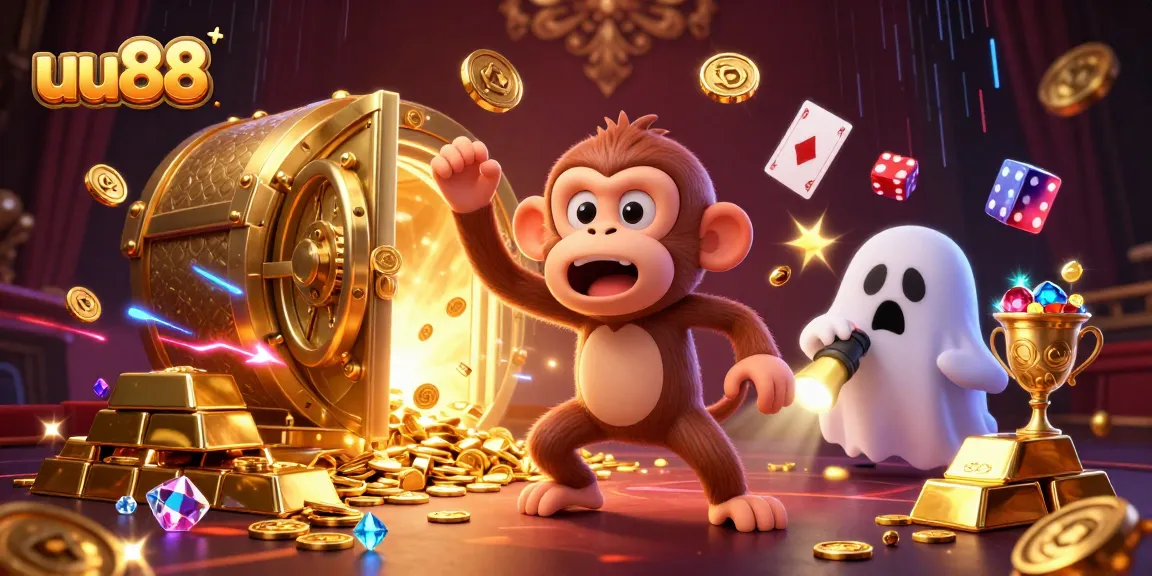 uu88's playful gamble featuring a poltergeist monkey juggling gold in a haunted casino scene