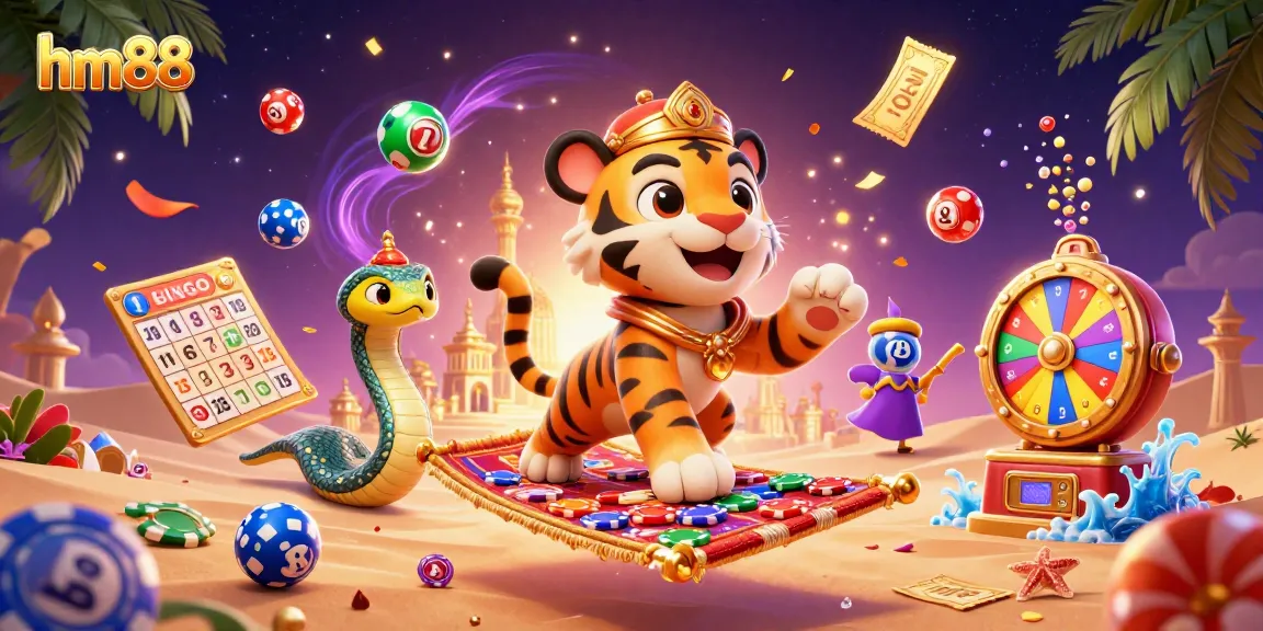 Experience an enchanting gambling realm with hm88's vibrant 3D casino scene, showcasing a dynamic tiger sultan, magic lamp, and lottery elements.