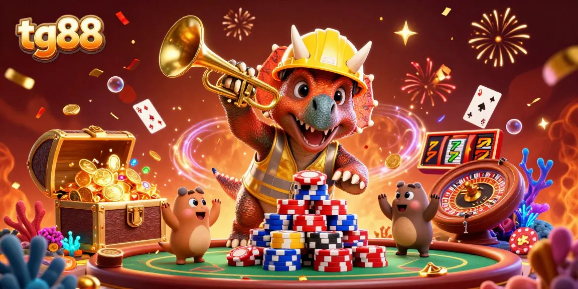 Celebrate at tg88 with vibrant casino characters building poker chip pyramids and enjoying the excitement!