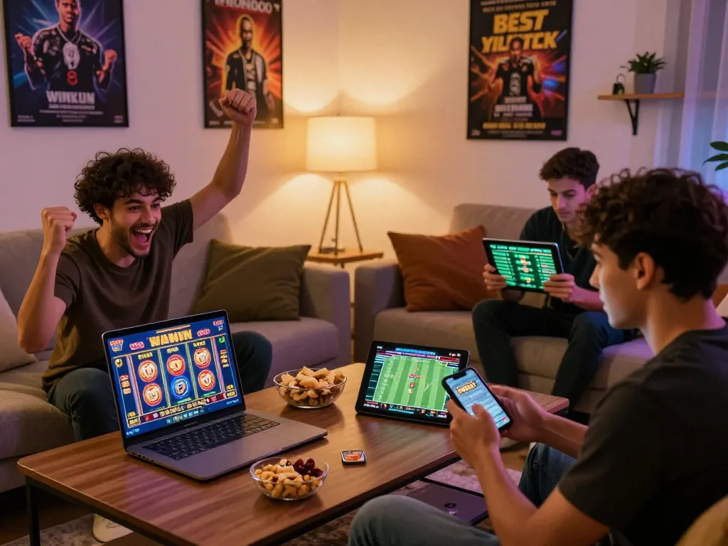 Engaged players celebrating wins on the 68win online gaming platform in a lively home setting.