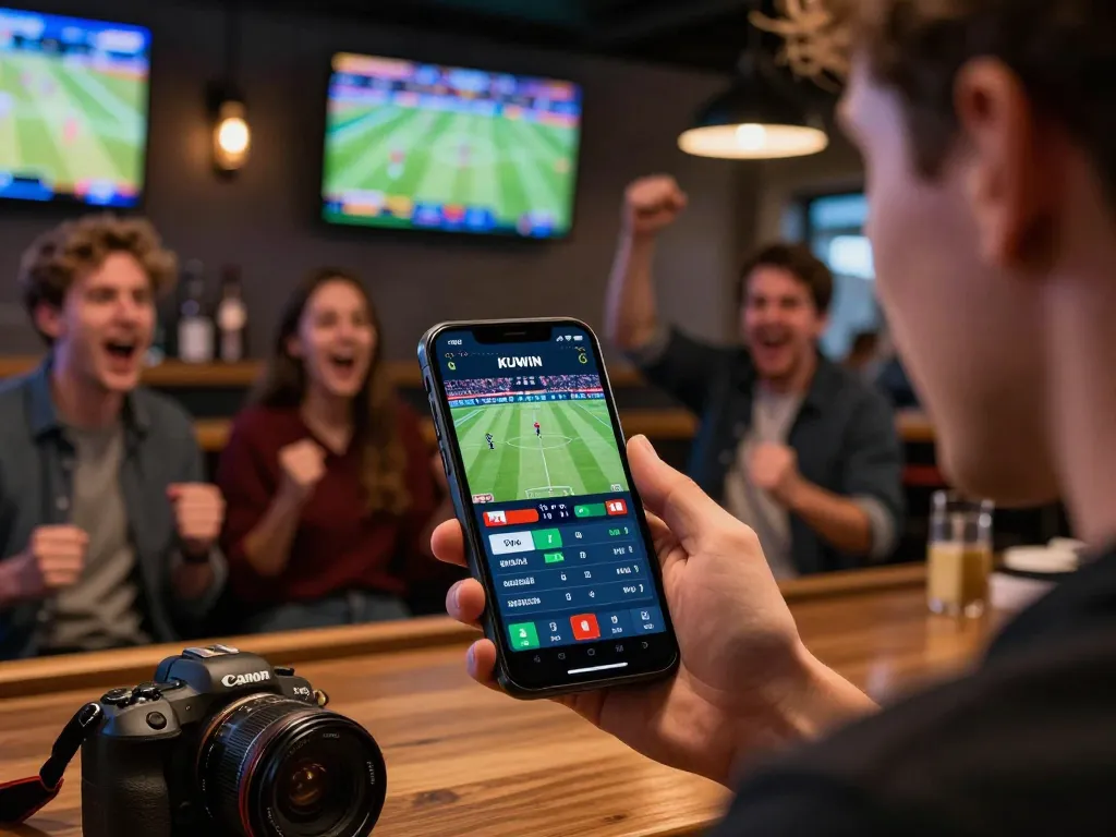 Betting with kuwin vom app during live sports event in a lively bar atmosphere