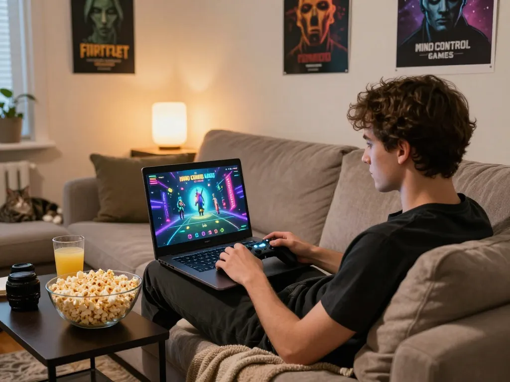 Engaged player enjoying hypno porn-themed mind control games on laptop