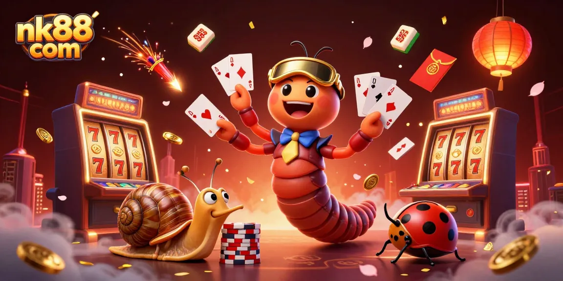 Spin the reels with nk88 com's dynamic casino scene featuring a whimsical dealer and golden rewards.
